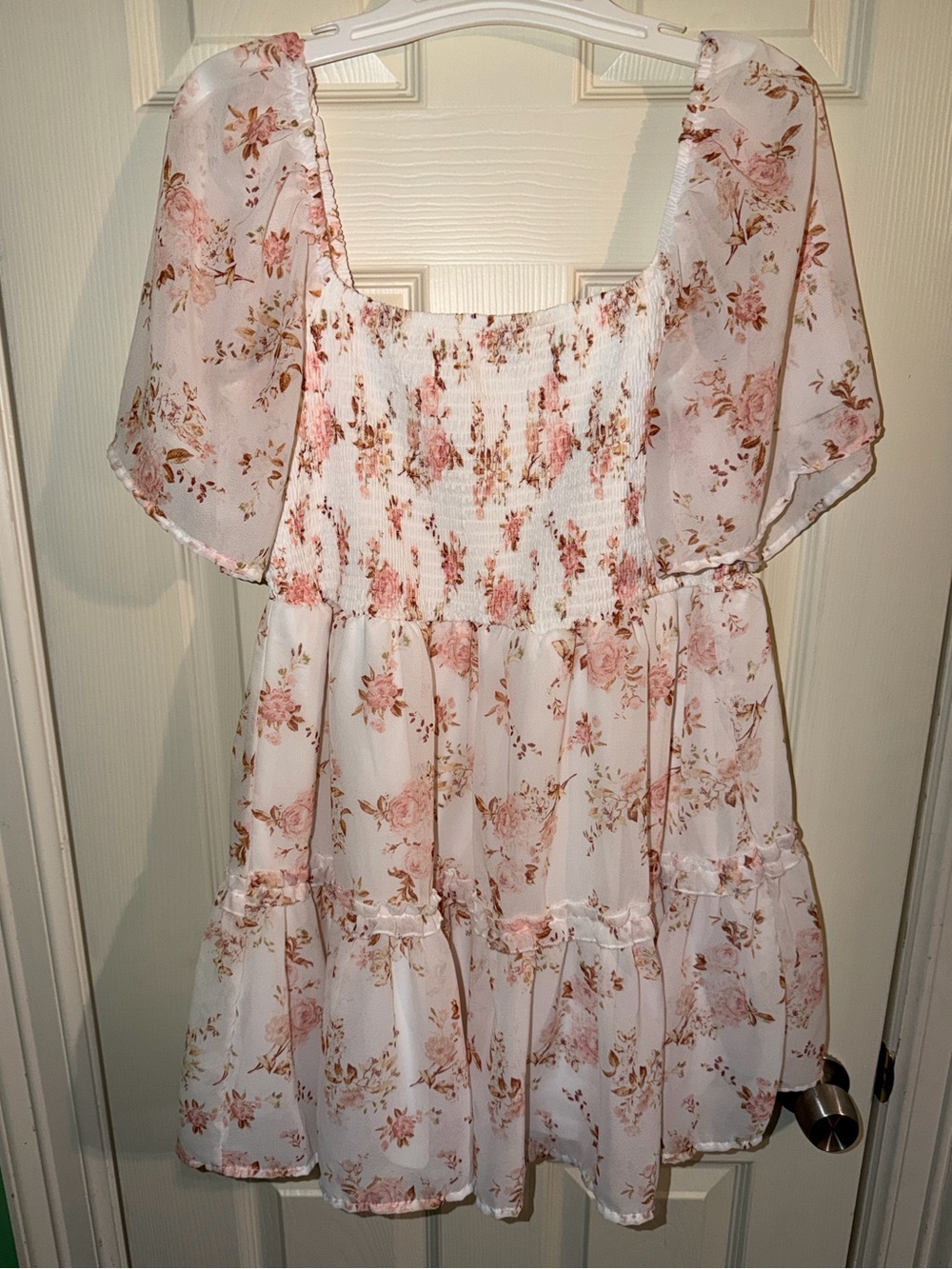 Pink Floral Square-Neck Smocked Flutter Sleeve Short Dress - 2X